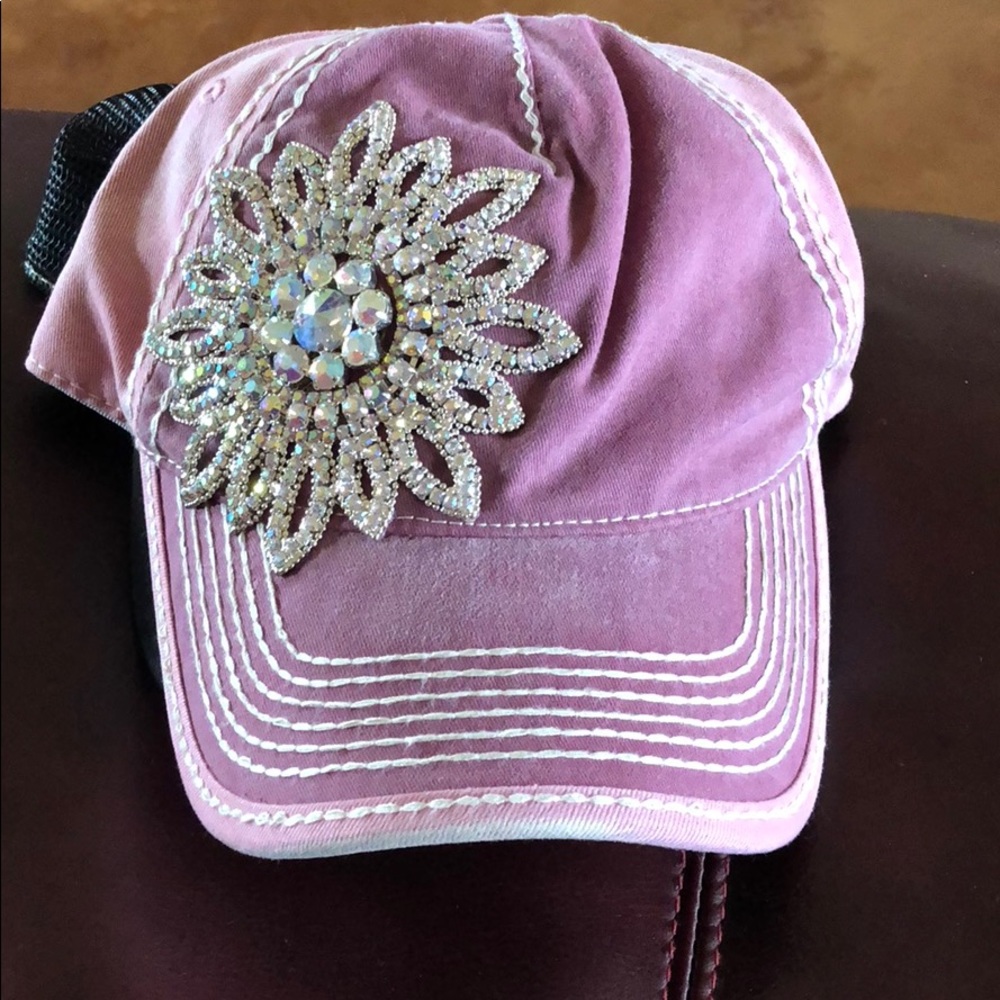 Pink distressed cap with rhinestones